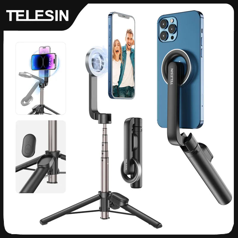 TELESIN Magnetic Selfie Stick Tripod with Remote For Cellphone For iPhone 14 13 12 Pro Max For HUAWEI XIAOMI SAMSUNG